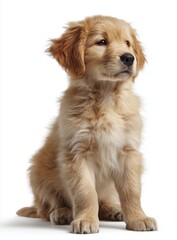 Obraz premium A fluffy, adorable golden retriever puppy sits patiently, showcasing its soft, light-brown fur and attentive expression, creating a heartwarming and captivating image.