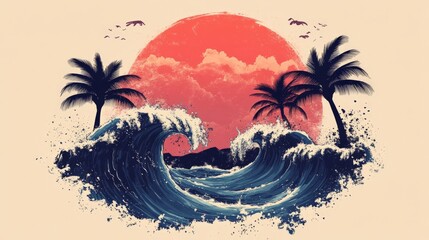 Stunning sunset over ocean waves with palm trees creates a tranquil beach vacation vibe