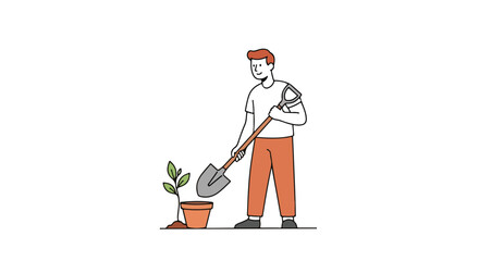 Illustration of a Man Planting a Tree in a Pot, Symbolizing Environmental Conservation and Sustainable Practices for Educational and Awareness Campaigns
