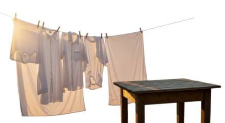 Freshly laundered clothes hanging on a clothesline in sunlight with wooden table nearby, transparent background, cutout PNG