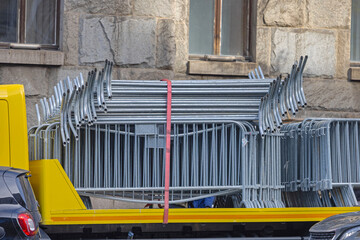 Crowd Control Metal Barrier Fence Transport at Flatbed Truck
