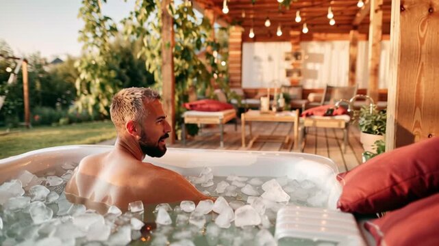 Man relaxing in outdoor hot tub with ice in cozy backyard setting at sunset