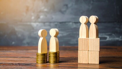 Wooden figures on coins and blocks illustrate wealth disparity