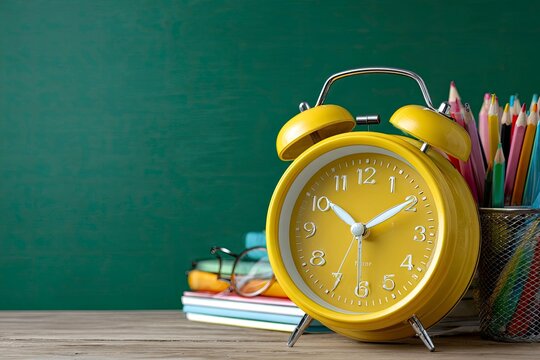 Yellow alarm clock with books and glasses on a wooden table - Powered by Adobe