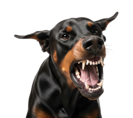 Doberman displaying aggression with mouth open and sharp teeth visible over transparent background, cutout PNG