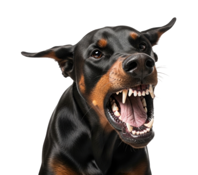 Doberman displaying aggression with mouth open and sharp teeth visible over transparent background, cutout PNG