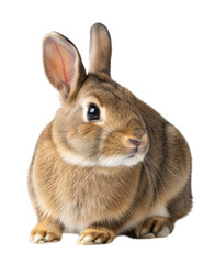 Obraz premium Cute brown bunny sitting calmly while gazing curiously, transparent background, cutout PNG