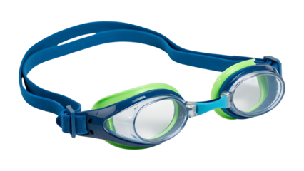 A pair of blue and green swimming goggles lies ready for water sports, perfectly isolated on a transparent background, a clear png image.