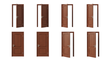 Multiple wooden doors in various open positions arranged on a transparent background, cutout PNG