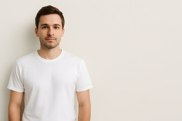 Fototapeta premium Portrait of man in white shirt casual fashion style against plain wall