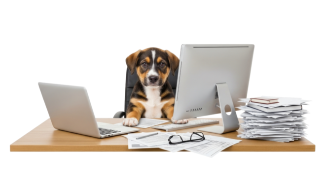 Dog working at desk with computers and paperwork, transparent background, cutout PNG