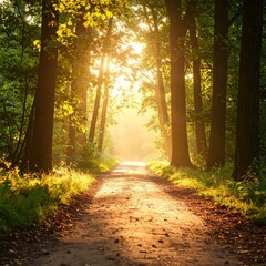 Obraz premium 제목: Balanced Warmth of a Summer Evening설명: A harmonious square image showcasing the beautiful balance of soft light and peaceful shadows on a summer forest path.