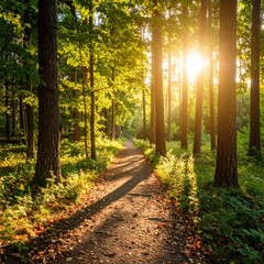 제목: The Calm Path Before Nightfall

설명: A square frame that captures the serene, quiet beauty of a summer forest path as the day gently comes to an end.