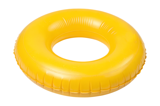 A vivid yellow inflatable swimming ring sits isolated as a transparent PNG, a clean image for various water themed projects.