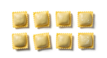 Isolated fresh ravioli pasta squares on white background for italian food recipe and cooking concept