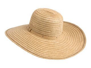A classic beige straw sun hat with a generous wide brim is displayed as an isolated object. This transparent PNG file is ready for use.