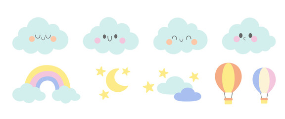 Obraz premium Cute cartoon clouds with smiling faces, rainbows, stars, moon, and hot air balloons – perfect for nursery decor and kids’ projects.