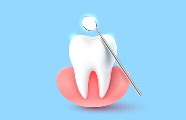 Tooth with gum, 3D illustration of a tooth on a light background. Vector illustration