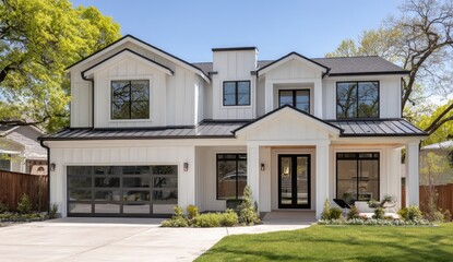 Modern Farmhouse Exterior, Suburban Lot, Sunny Day