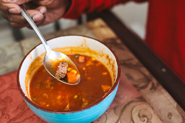 A bowl of homemade beef vegetable soup