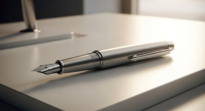 A metallic fountain pen on a light gray surface - Powered by Adobe