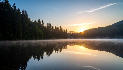 Obraz premium Serene sunrise over misty lake with reflections of trees golden sky Peaceful nature scene.