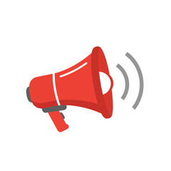 Red megaphone announcing news, broadcasting message, loud sound waves.