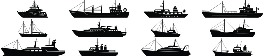 Obraz premium Collection of twelve vintage silhouette fishing boats and ships on white background