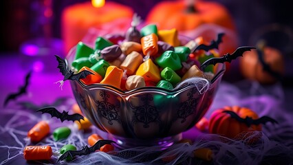 A vintage candy bowl surrounded by plastic bats and cobwebs, set in eerie purple Halloween lighting.
