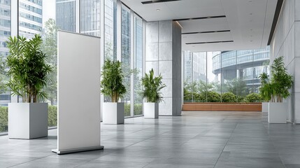 Modern Office Lobby with Blank Roll-Up Banner Stand and Plants for Advertising Mockup