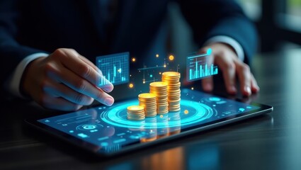 Businessman analyzing financial growth with digital charts and stacked coins on tablet