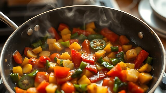 Sizzling vegetables in a pan, captured from above with steam rising and vibrant colors popping.
