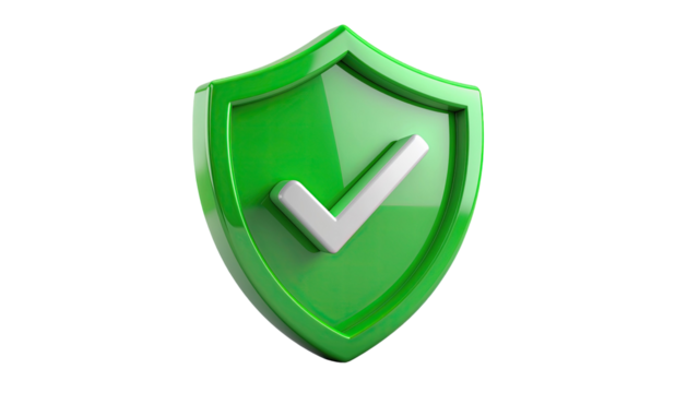 Green Shield with Check Mark for Security and Protection Concept Isolated on White Background