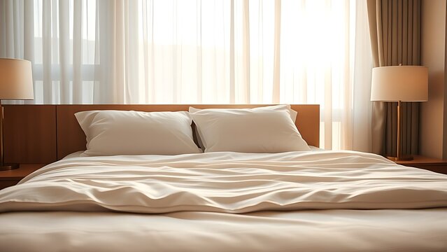 Hotel bed with neatly arranged pillows, soft morning light creating a tranquil atmosphere.