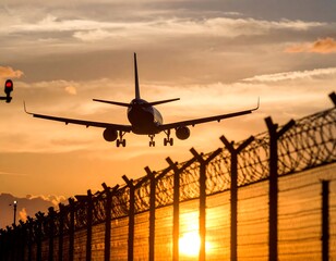 Fototapeta premium Airplane landing at sunset (4)