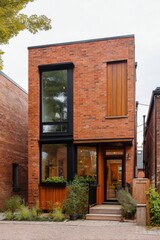Fototapeta premium Contemporary brick residence featuring expansive windows and charming wooden details, perfectly situated in a vibrant urban environment
