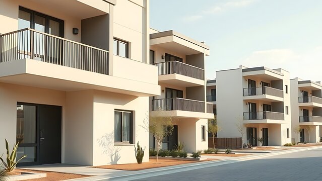 A modern housing complex with clean architectural lines, illuminated by soft daylight.