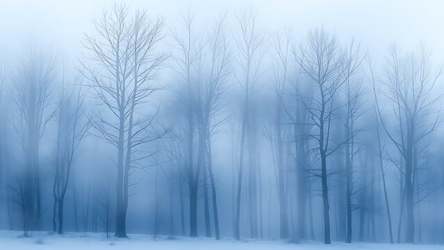 A serene winter forest landscape with misty blue tones, evoking a peaceful and dreamy atmosphere.