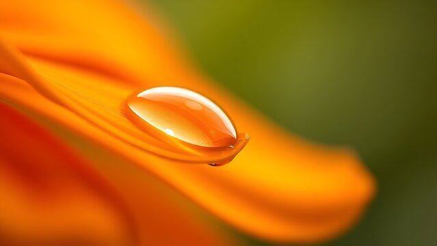 Macro close-up of an orange flower petal with a glistening water droplet, vibrant against a blurred background.