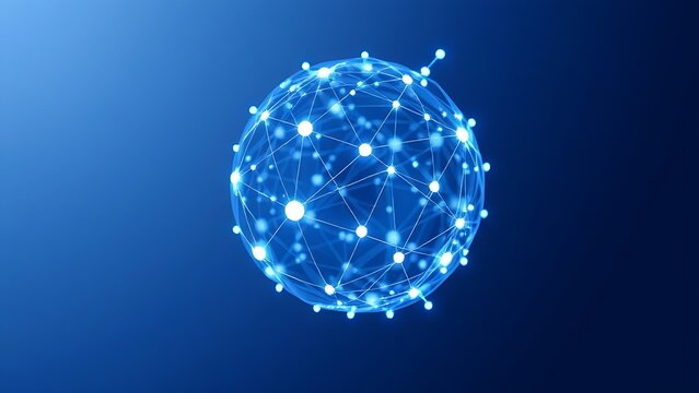 Abstract blue and white glowing sphere with futuristic network connections, symbolizing advanced technology.