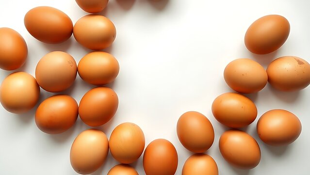 Fresh brown eggs arranged in a circular pattern on a clean white surface, emphasizing natural textures.