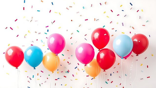 Colorful balloons and confetti float against a clean white background, creating a festive celebration atmosphere.