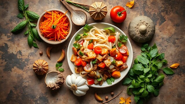 Colorful Asian ingredients arranged on a rustic stone surface in warm earthy tones.