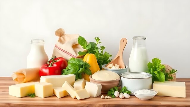Fresh dairy products neatly arranged on a wooden table with clean white backdrop.