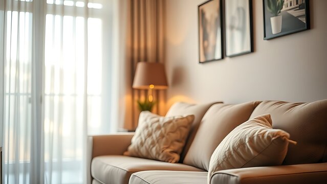 A snug living room corner with a plush sofa and warm lighting, offering a welcoming vibe.