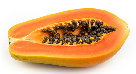 Fresh papaya fruit cut in half with black seeds inside for healthy eating and tropical fruit diet concept