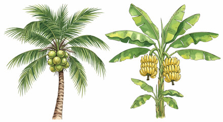 Illustration of a pair of tropical trees with coconut and banana fruits.
