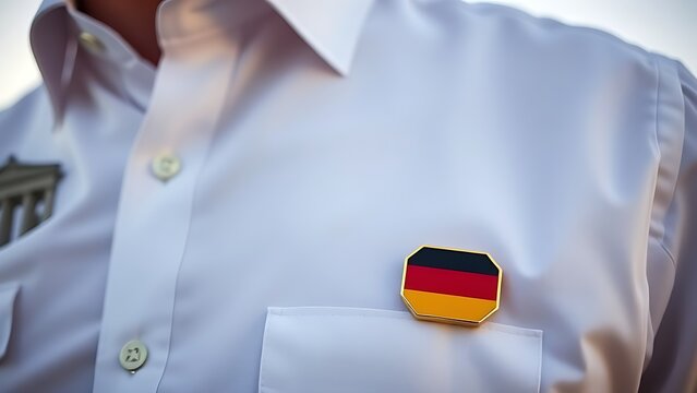 White shirt with black-red-gold lapel pin, shallow focus on blurred Brandenburg Gate in morning light.