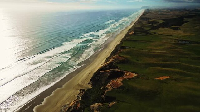 Aerial view of the expansive beach meeting the lush green landscape, a contrasting blend of natural beauty that stretches to the horizon, Dargaville, Northland Region, New Zealand.