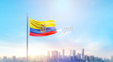 Ecuador national flag waving with skyline and buildings. Ecuador national national flag for independence day.